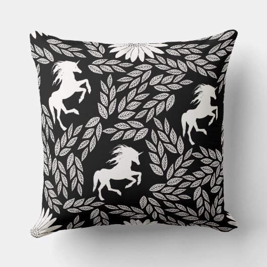 White & Black Trendy Unicorn & Floral Pattern Kussen (Achterkant)