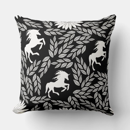White & Black Trendy Unicorn & Floral Pattern Kussen (Voorkant)