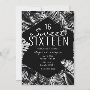 White & Black Tropical Palm Leaves Sweet 16 Kaart