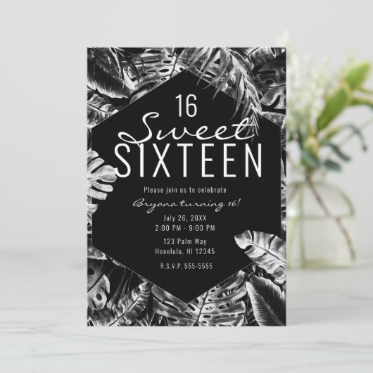 White & Black Tropical Palm Leaves Sweet 16 Kaart (Staand voorkant)