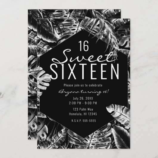 White & Black Tropical Palm Leaves Sweet 16 Kaart (Voorkant / Achterkant)
