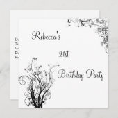 White Black Wispy Floral 21st Birthday Party Kaart (Voorkant / Achterkant)