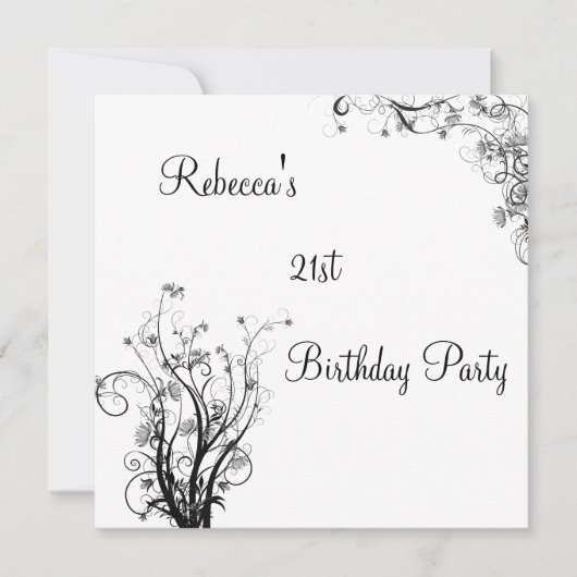 White Black Wispy Floral 21st Birthday Party Kaart (Voorkant)