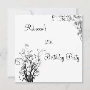 White Black Wispy Floral 21st Birthday Party Kaart