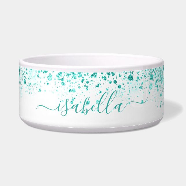White blauwgroen glitter green name script voerbakje (Voorkant)