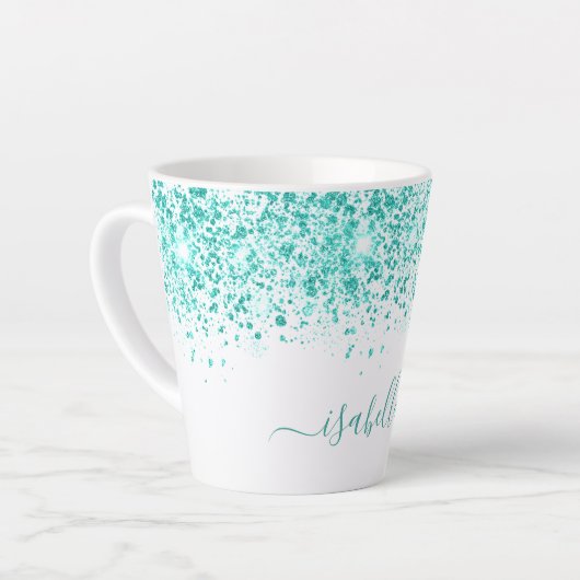 White blauwgroen glitter zee green name script latte mok (Linkerhoek)
