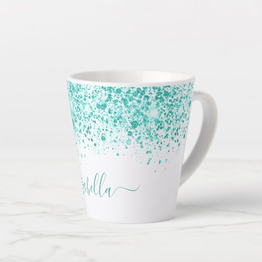 White blauwgroen glitter zee green name script latte mok (Rechterhoek)