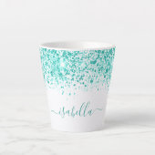 White blauwgroen glitter zee green name script latte mok (Voorkant)