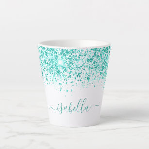 White blauwgroen glitter zee green name script latte mok
