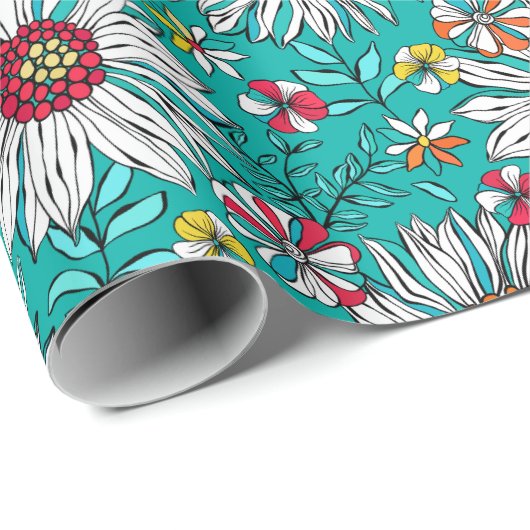 White Blauwgroen Yellow Oranje Red Daisy Flowers P Cadeaupapier (Rol Hoek)