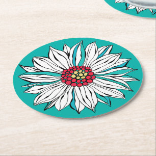 White Blauwgroen Yellow Red Daisy Flower Round Ronde Kartonnen Onderzetter