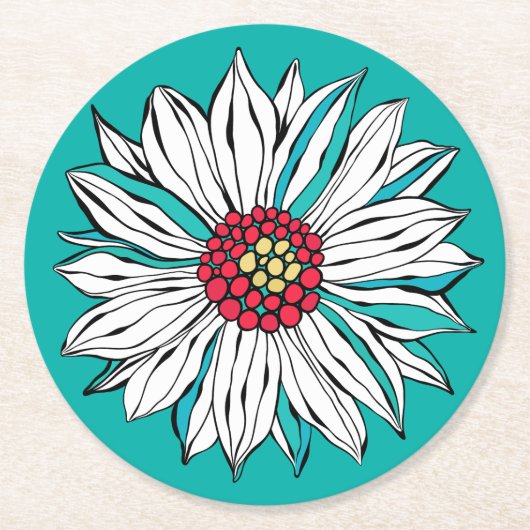 White Blauwgroen Yellow Red Daisy Flower Round Ronde Kartonnen Onderzetter (Voorkant)