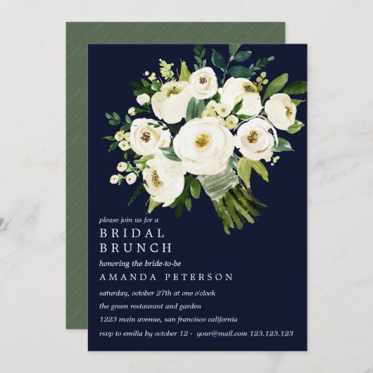 White Bloom Blue Bouquet Wedding Bridal Brunch Kaart (Voorkant / Achterkant)