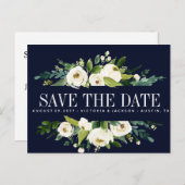 White Bloom Blue Floral WEDDING de datum opslaan Aankondigingskaart (Voorkant / Achterkant)