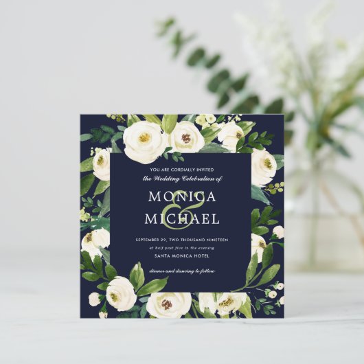 White Bloom | Botanische bruiloft met blauwe Flora Kaart (Staand voorkant)