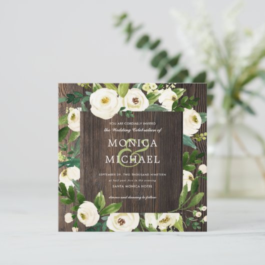 White Bloom | Botanische bruiloft met hout Kaart (Staand voorkant)