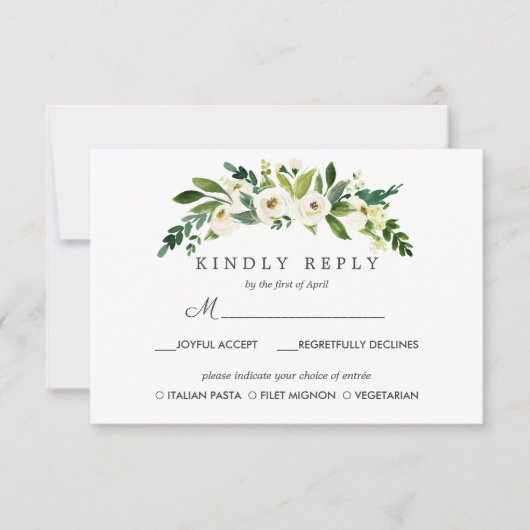 White Bloom Chic Wedding Response RSVP MAALTIJD op (Voorkant)