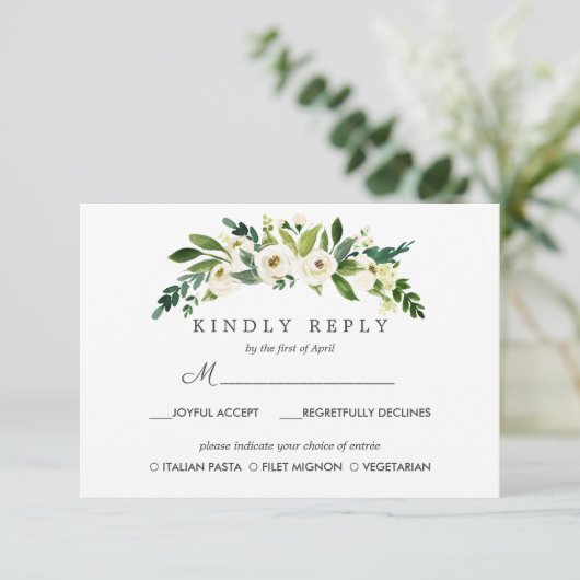 White Bloom Chic Wedding Response RSVP MAALTIJD op (Staand voorkant)