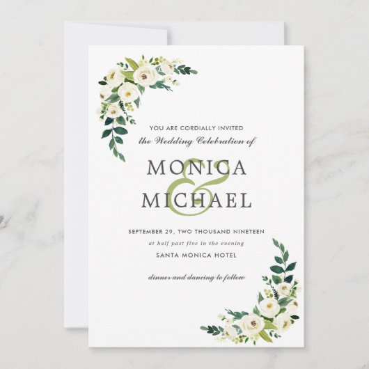 White Bloom | Floral Botanical Corner Wedding Kaart (Voorkant)