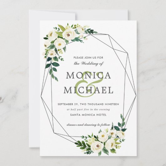 White Bloom | Floral Geometric Botanical Weddensch Kaart (Voorkant)
