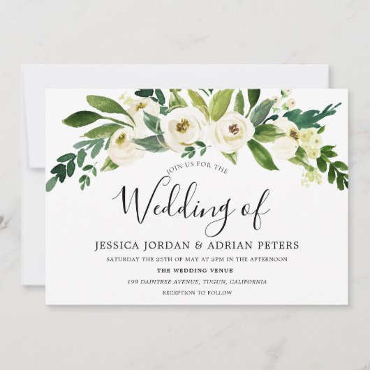 White Bloom Floral Greenery Wedding Invitation Kaart (Voorkant)