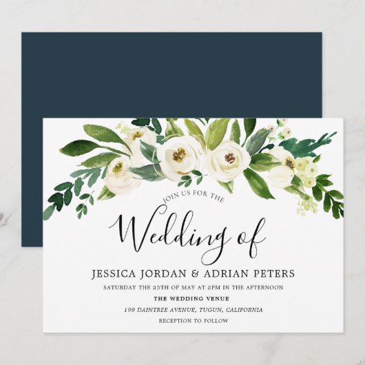 White Bloom Floral Greenery Wedding Invitation Kaart (Voorkant / Achterkant)