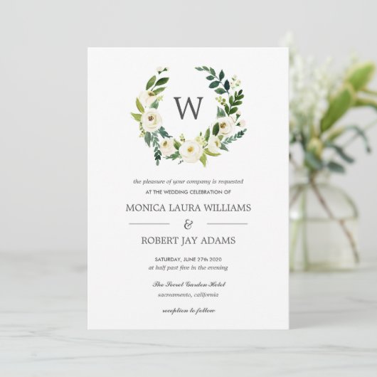 White Bloom | Floral Monogram Weddenschap Kaart (Staand voorkant)