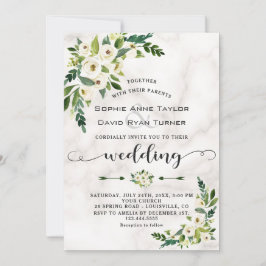 White Bloom Flowers Marble Handwriting Wedding Kaart
