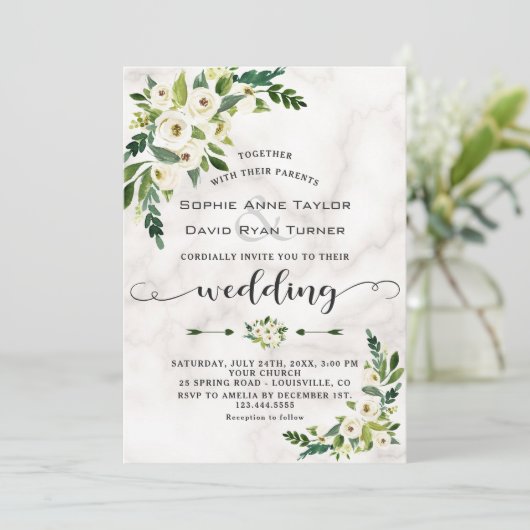 White Bloom Flowers Marble Handwriting Wedding Kaart (Staand voorkant)