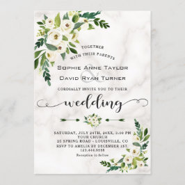 White Bloom Flowers Marble Handwriting Wedding Kaart