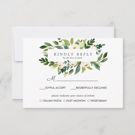 White Bloom FrameWedding Reactie RSVP MAALTIJD opt Kaartje (Voorkant)