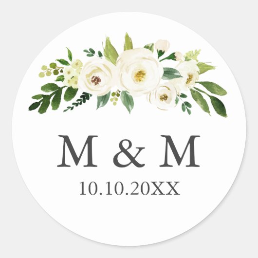 White Bloom | Klassiek monogram Floral Wedding Ronde Sticker (Voorkant)