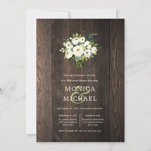 White Bloom Wood Bouquet Wedding Rehearsal Dinner Kaart (Voorkant)