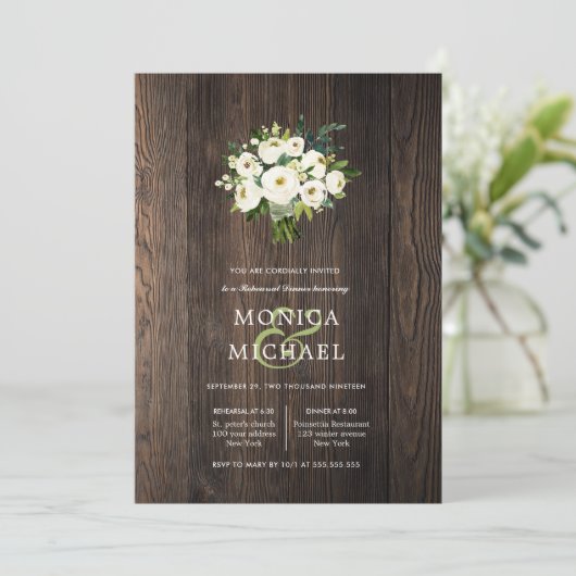 White Bloom Wood Bouquet Wedding Rehearsal Dinner Kaart (Staand voorkant)