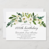 White Blooming Flower 100th Birthday Party Invite Kaart (Voorkant)