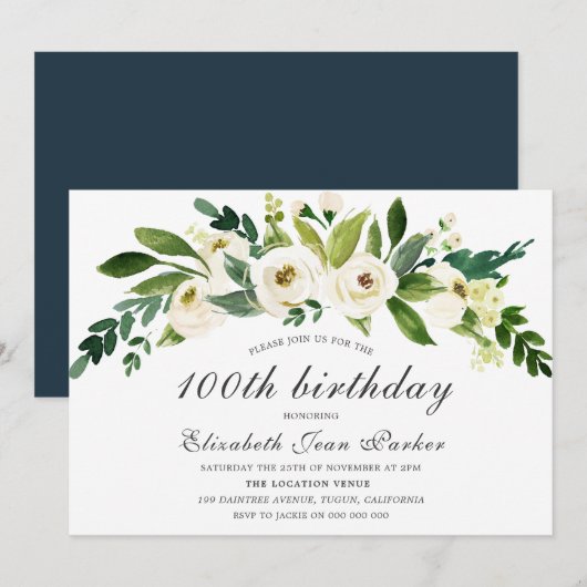 White Blooming Flower 100th Birthday Party Invite Kaart (Voorkant / Achterkant)