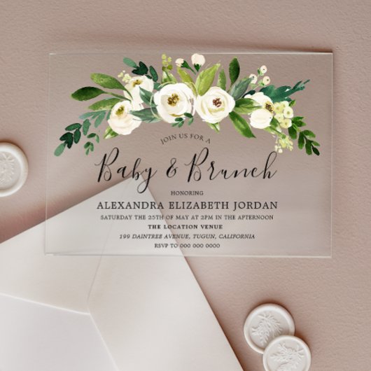 White Blooming Flowers Baby shower & Brunch Acryl Uitnodigingen