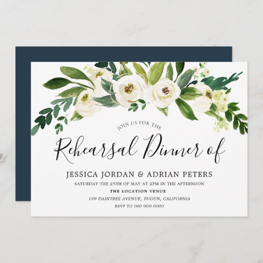 White Blooming Flowers Rehearsal Dinner Invitation Kaart (Voorkant / Achterkant)