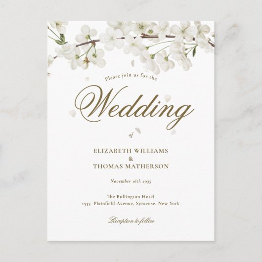 White Blossom Bloemen Goud Script Bruiloft Uitnodiging Briefkaart (Voorkant)