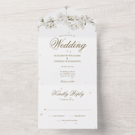 White Blossom Floral Gold Script Monogram Weddensc All In One Uitnodiging (Binnen)