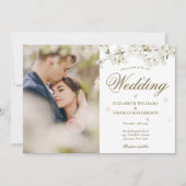White Blossom Floral Gold Script Photo Kaart (Voorkant)