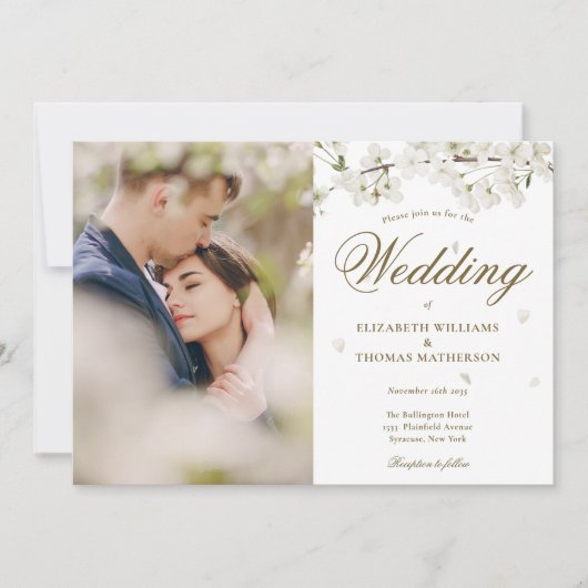 White Blossom Floral Gold Script Photo Kaart (Voorkant)