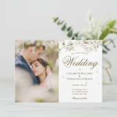 White Blossom Floral Gold Script Photo Kaart (Staand voorkant)