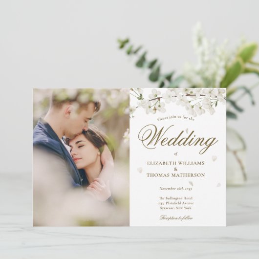 White Blossom Floral Gold Script Photo Kaart (Staand voorkant)