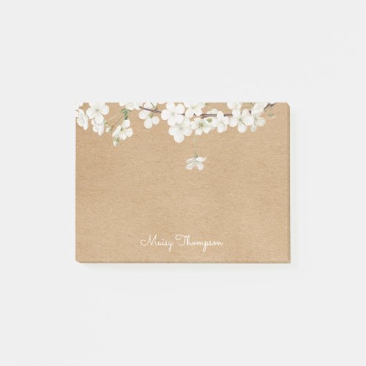 White Blossom Floral Rustic Kraft Monogram Name Post-it® Notes (Voorkant)