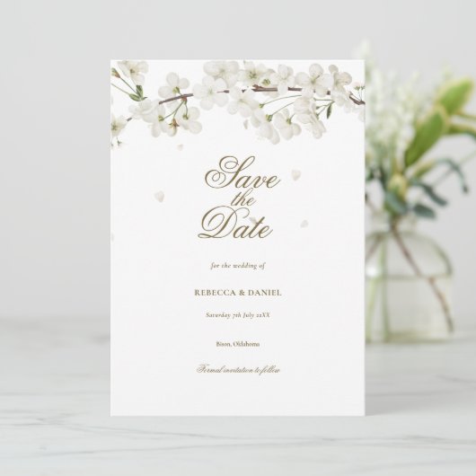 White Blossom Floral Save the Date (Staand voorkant)