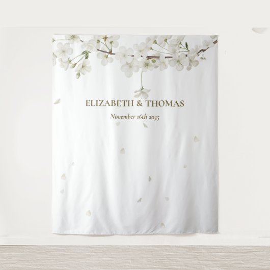 White Blossom Floral Wedding Photo Booth Backdrop Wandkleed (Voorkant)