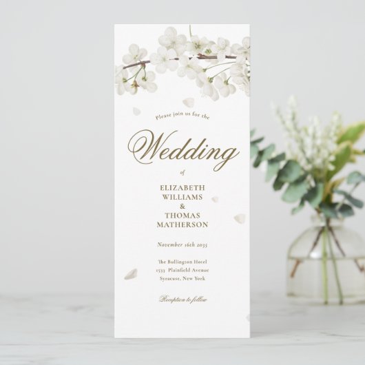 White Blossom Gold Script 2 Photo Wedding Kaart (Staand voorkant)