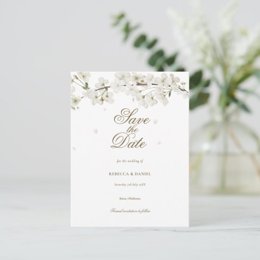 White Blossom Greenery Floral Save the Date Briefkaart (Staand voorkant)