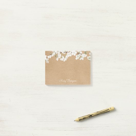 White Blossom Rustieke Kraft Script Naam Post-it® Notes (Op bureau)